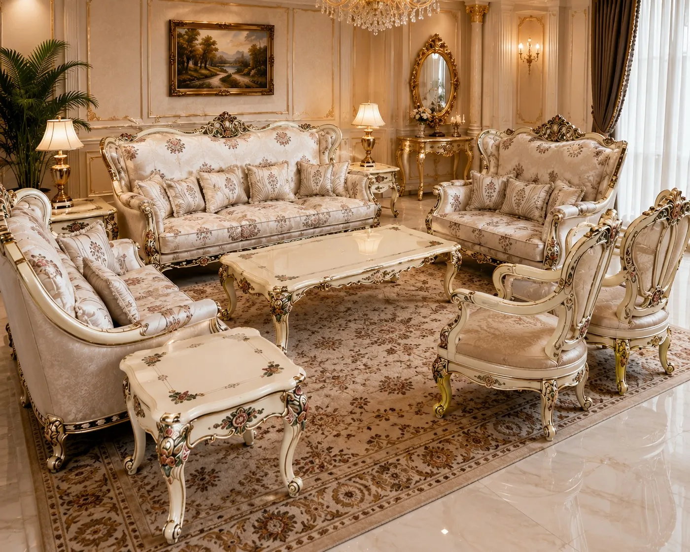 French Damask Carved Luxury Sofa Suite - Luxury Living Room by Classic Furnishers