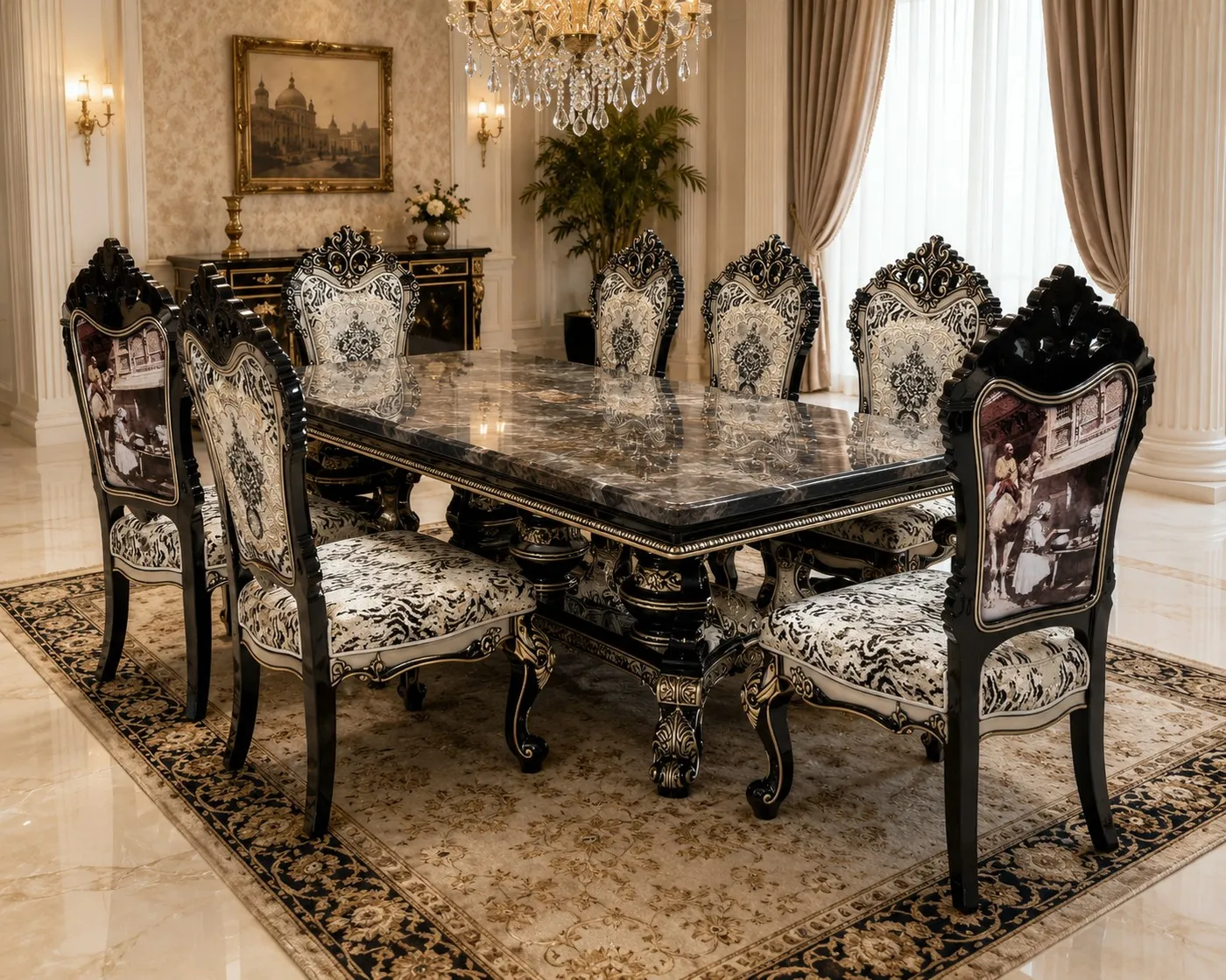 Imperial Black Marble & Carved Dining Suite - Luxury Dining by Classic Furnishers