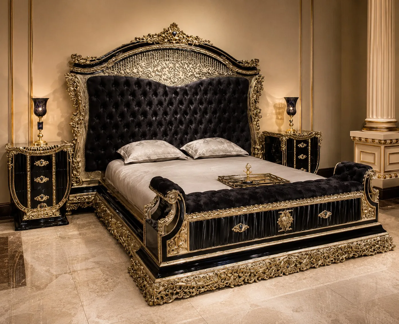 Imperial Obsidian & Gold Velvet Bedroom Suite - Luxury Bedroom by Classic Furnishers