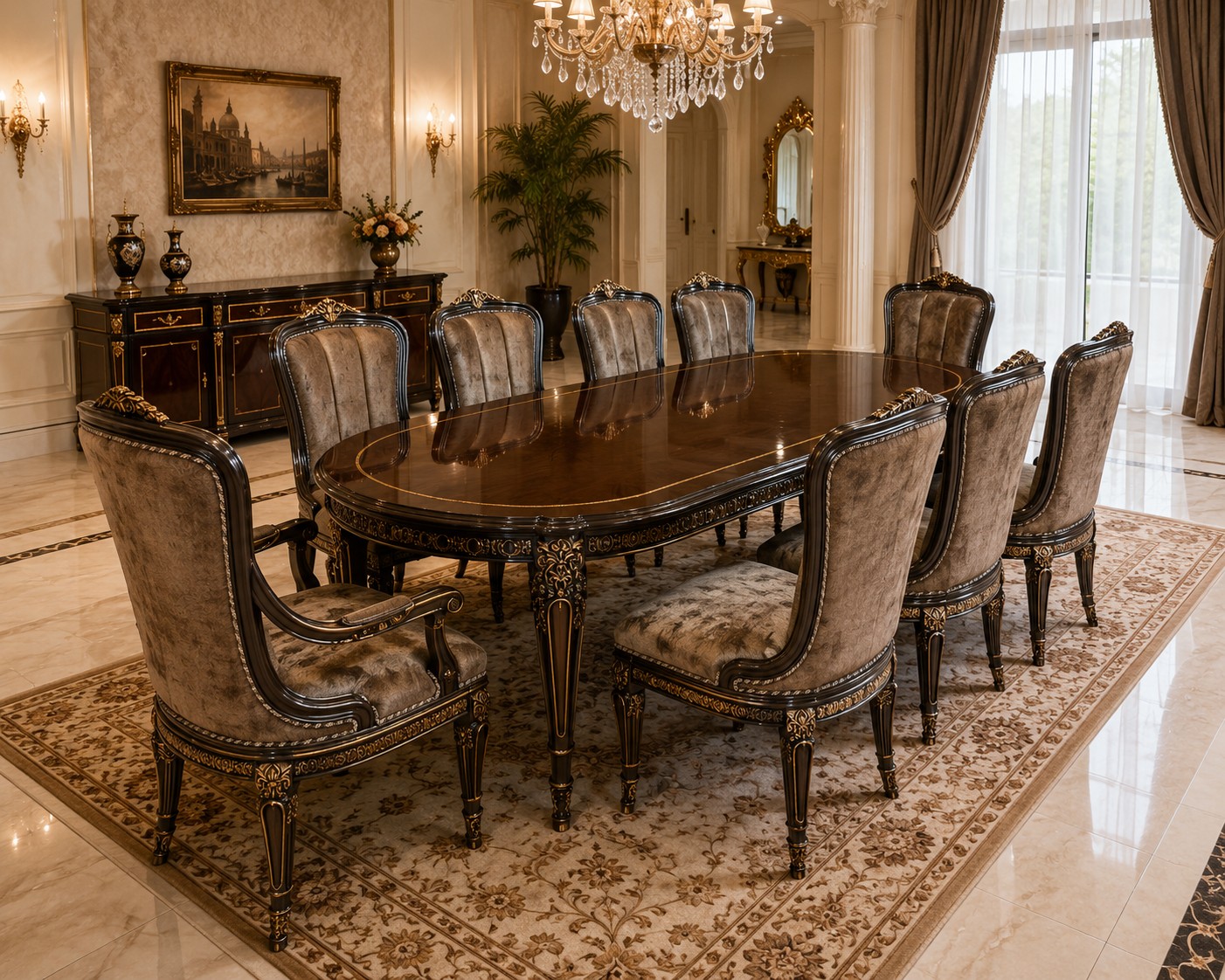 Imperial Polished Walnut & Velvet Oval Dining Suite - Luxury Dining by Classic Furnishers