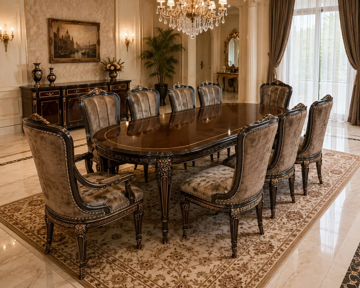 Imperial Polished Walnut & Velvet Oval Dining Suite - Luxury Dining by Classic Furnishers