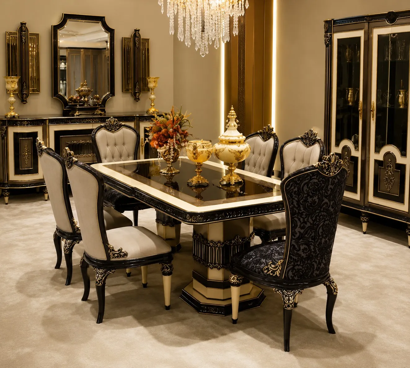 Monarch Black & Gold Carved Dining Suite - Luxury Dining by Classic Furnishers