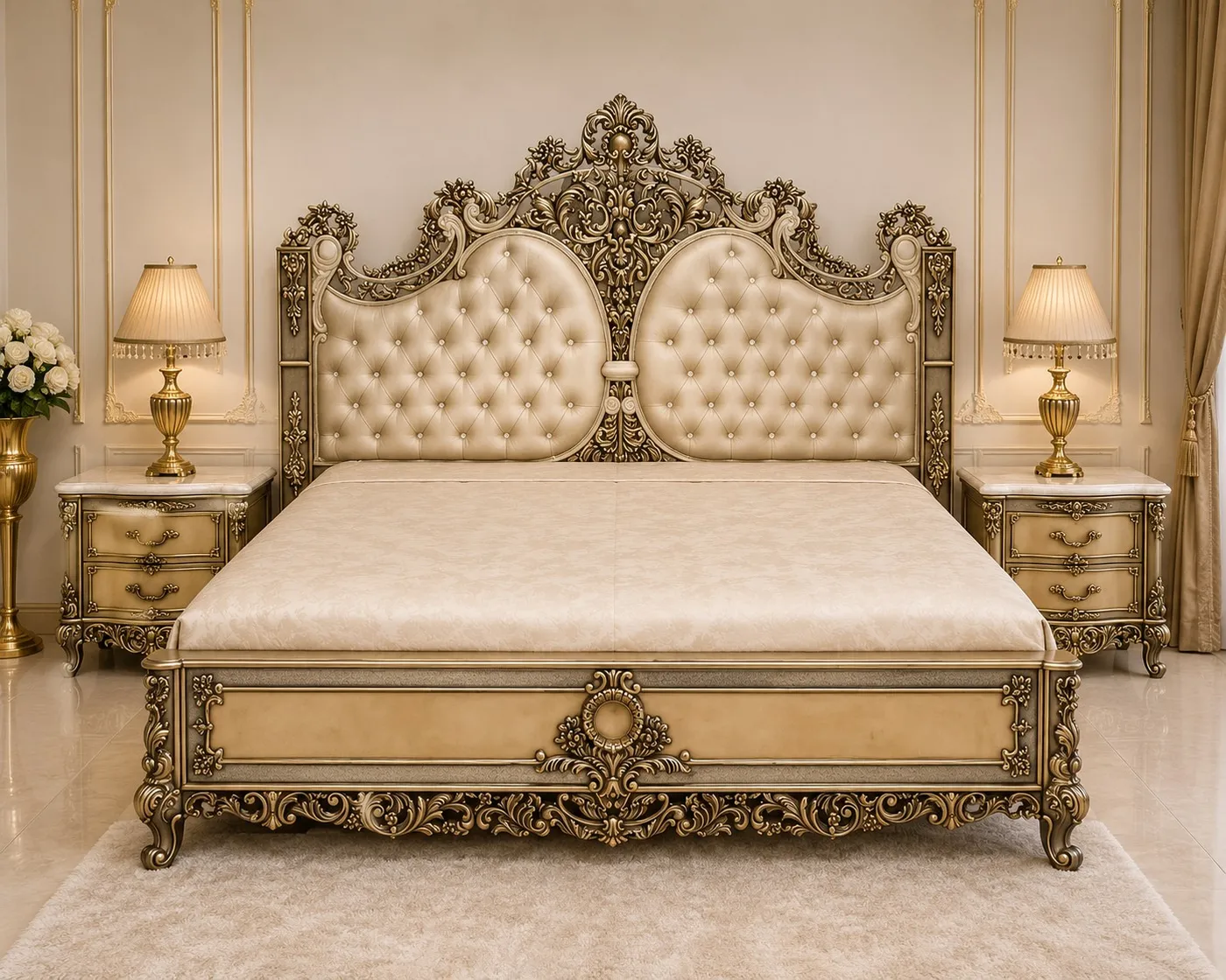 Royal Crown Tufted Gold & Ivory Bed Suite - Luxury Bedroom by Classic Furnishers