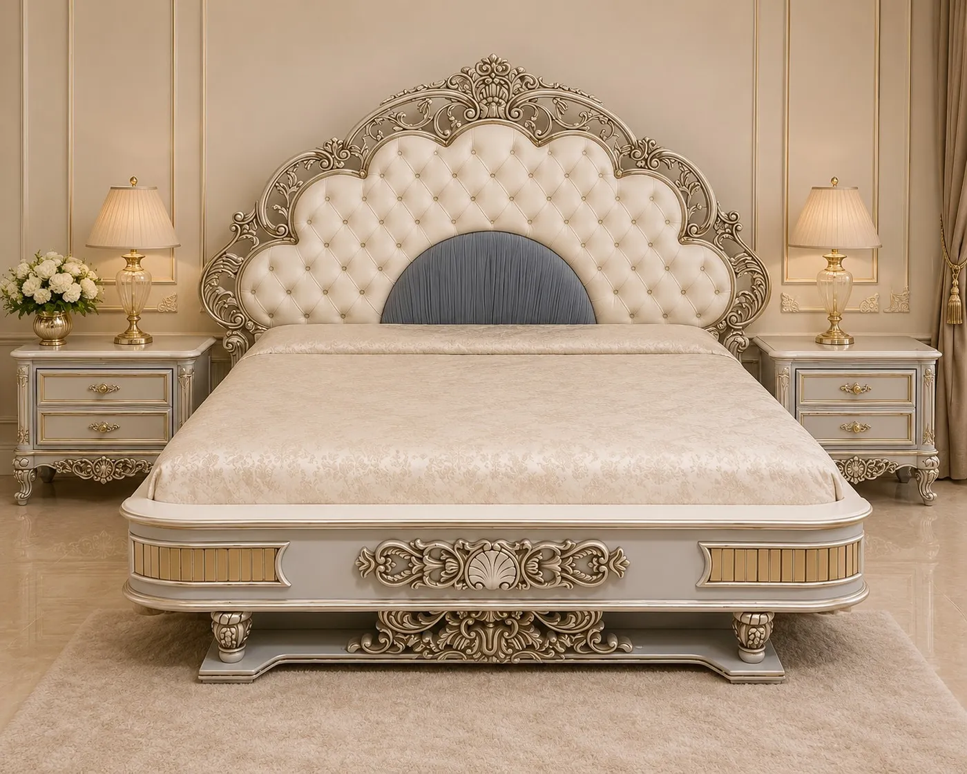 Royal Italian Cream & Silver Carved Bed - Luxury Bedroom by Classic Furnishers