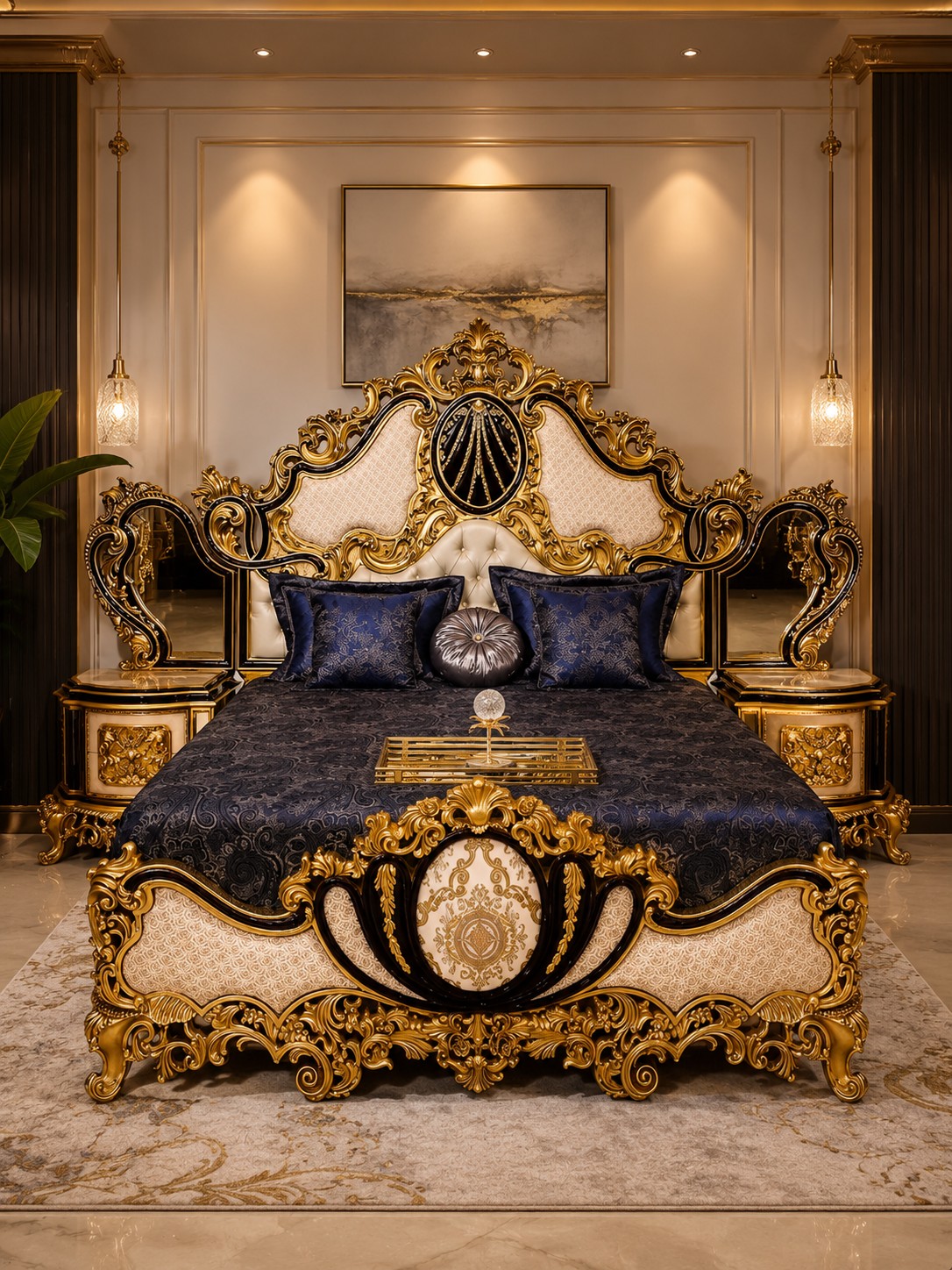 Royal Crown Sapphire & Gold Baroque Bed - Luxury Bedroom by Classic Furnishers