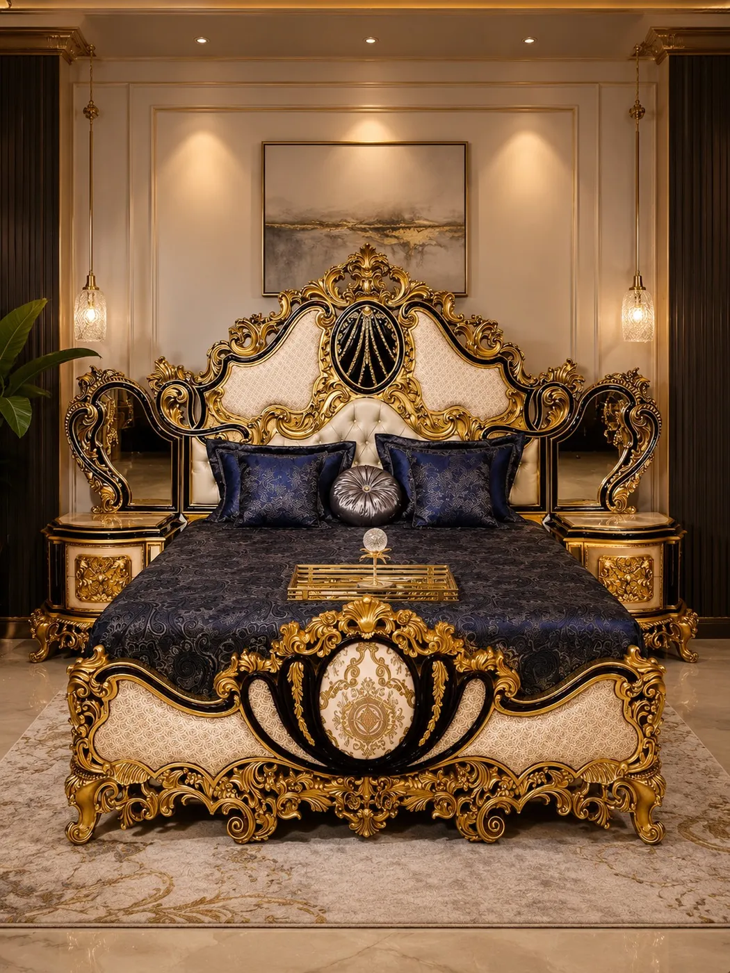 Royal Crown Sapphire & Gold Baroque Bed - Luxury Bedroom by Classic Furnishers