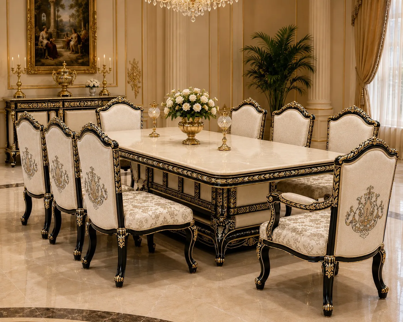 Versailles Black & Ivory Marble Grand Dining Suite - Luxury Dining by Classic Furnishers